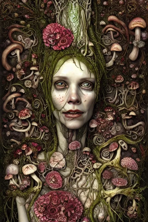 Image similar to beautiful and detailed rotten woman corpse with fractal plants and fractal flowers and mushrooms growing around, face muscles, veins, arteries, intricate, ornate, surreal, ray caesar, john constable, guy denning, dan hillier