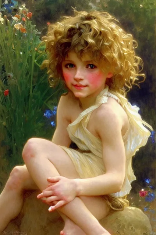 Prompt: a seven - year old with curly light - dirty - blonde hair, blue eyes, tan!! skin playing with foxes, painting by daniel gerhartz, alphonse mucha, bouguereau, detailed art, artstation