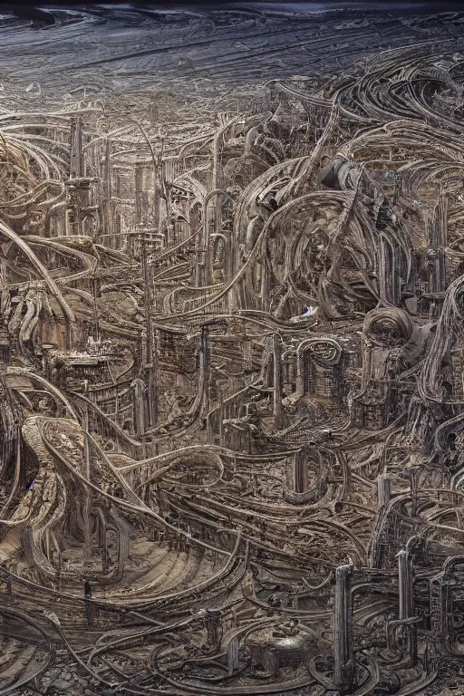 Image similar to industrial city in the desert dune concept art by yoshitaka amano and H.R. Giger, intricate detail, 8k, featured art