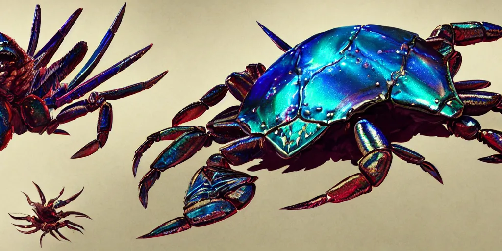 Image similar to Iridescent crab seamonster, character design sheet, Monster Hunter Illustrations art book, diamond sharp claws, huge arms, iridescent shards on its back, Moebius, Greg Rutkowski, Zabrocki, Karlkka, Jayison Devadas, Phuoc Quan, trending on Artstation, 8K, ultra wide angle, zenith view, pincushion lens effect.