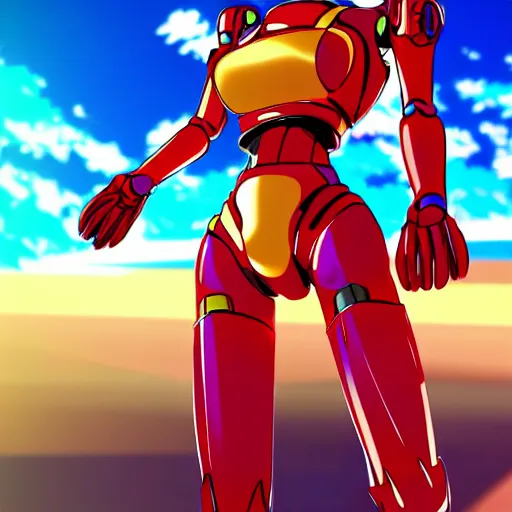 Image similar to digital anime art, very small cute girl standing on a large table, red mech arms and red mech legs,