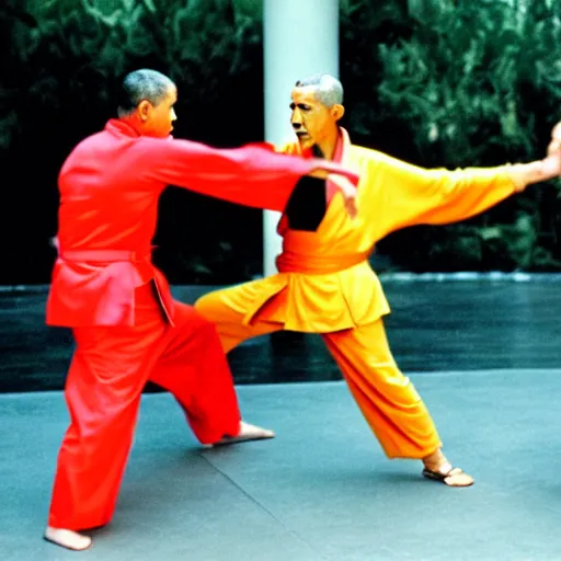 Image similar to Donald Trump versus Obama, kung fu fight, film still from the 36th Chamber of Shaolin