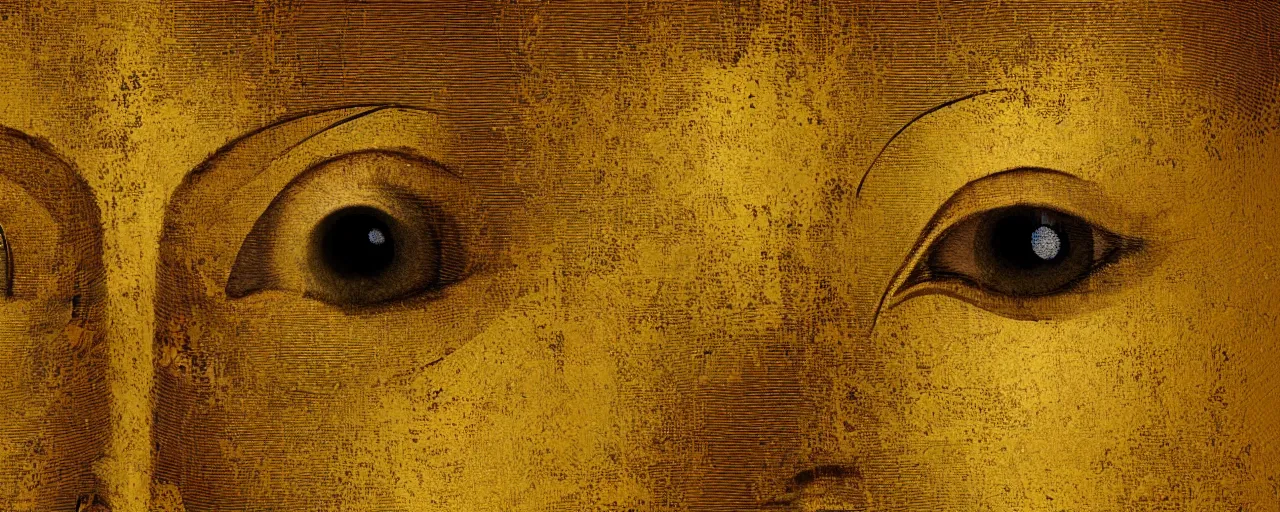 Prompt: a surreal golden painting of giant buddahs eyes floating above the desert