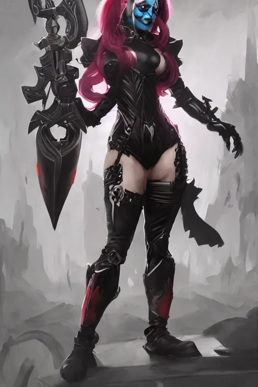 Image similar to portrait of dark eldar Harley Quinn in bikini armor, dc comics, cyberpunk, Warhammer 40000, dark fantasy, digital art from artstation by Ruan Jia and Mandy Jurgens and Artgerm and william-adolphe bouguereau