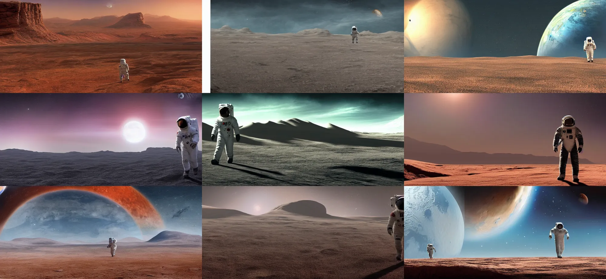 Prompt: Dreamt in 58.79s for !dream matte painting of an astronaut walking in a marcian landscape, at the background is the earth