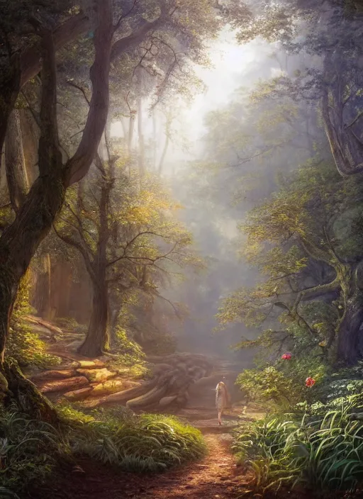 Prompt: A path through a forest, landscape, Anya_Taylor-Joy, Cory Chase, Eva Green, François Boucher, Oil Painting, hyperrealistic, Detailed Digital Art, Michael Cheval, Volumetric Golden dappled dynamic lighting, Highly Detailed, Cinematic Lighting, Unreal Engine, 4k