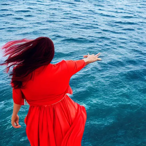 Image similar to woman with waving long hair, satin red dress, waist deep in the ocean, back view, first person view