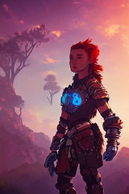 Image similar to combination suit armor aloy horizon forbidden west horizon zero dawn radiating a glowing aura global illumination ray tracing hdr fanart arstation by ian pesty and alena aenami artworks in 4 k tribal robot ninja mask helmet backpack