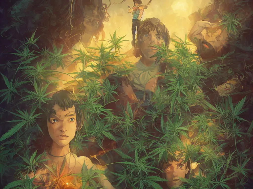 Image similar to cannabis! hemp! marijuana! hero world stranger things, behance hd by jesper ejsing, by rhads, makoto shinkai and lois van baarle, ilya kuvshinov, rossdraws global illumination, golden ratio, symmetrical beauty face