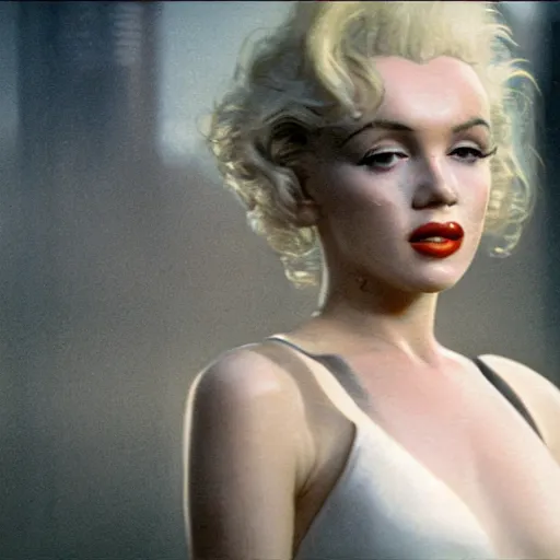 Prompt: 8 k hyperrealistic close range shot of blade runner 2 0 4 7 with marilyn monroe with natural hair, sweat, realistic skin with imperfections, tears flowing, very small lips, white summer dress. empty head. extremely long blonde hair flowing in the wind. urban landscape in the background with strong sun. lenses 5 0 mm