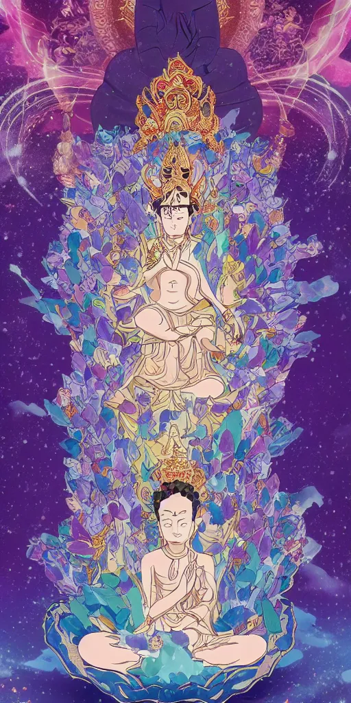 Image similar to buddha sitting on a throne of ice surrounded by lotus flowers drawn by studio trigger, in the style of Little Witch Academia, spiritual enlightenment, tarot card, Tarot card the Hierophant,