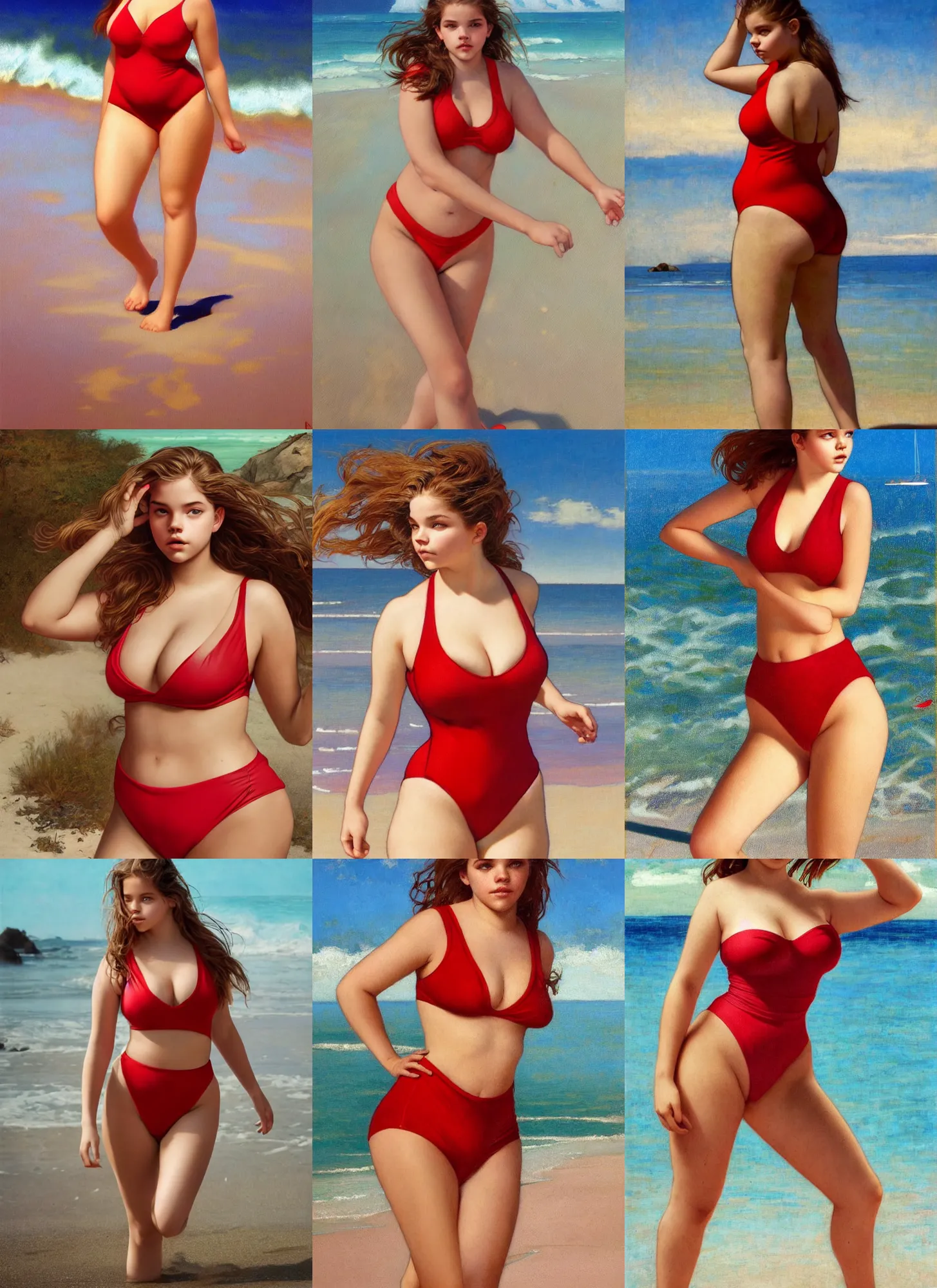 Prompt: portrait of cute young curvy barbara palvin in red swimsuit running on a beach, intricate, hyperdetailed, photorealistic, diffuse lighting, hdrp, artstation, unreal 5, smooth, textless, sharp focus, art by john collier, albert aublet, krenz cushart, artem demura, alphonse mucha