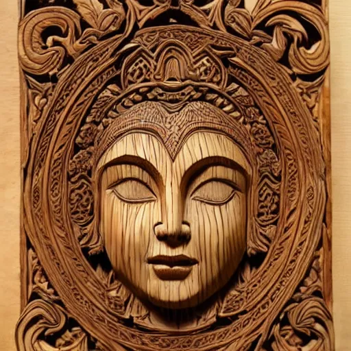 Image similar to goddess, forest, abstract, ornate, relief, wood carving, detailed, beautiful, eyes open