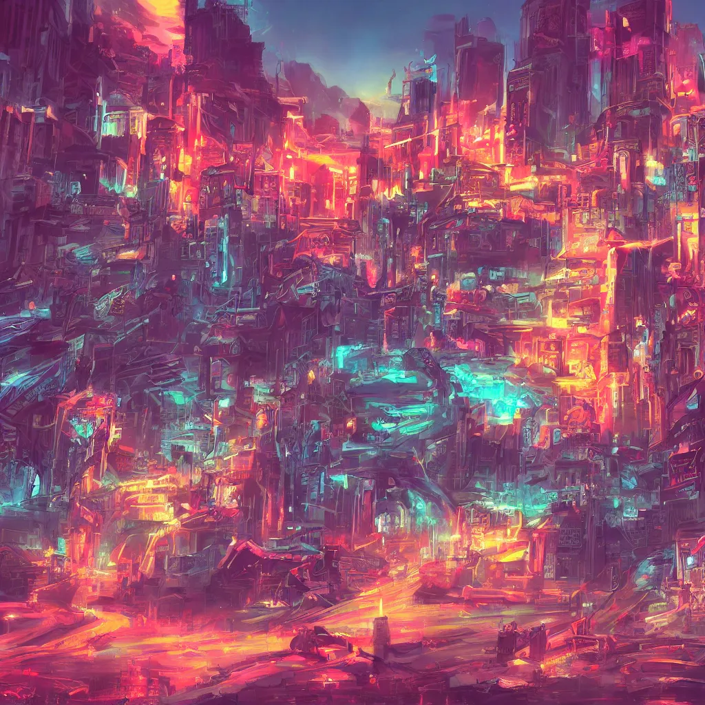 Image similar to ancient city, retrowave epic art, trending on art station