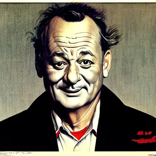 Prompt: Frontal portrait of a smiling Bill Murray. A portrait by Norman Rockwell.