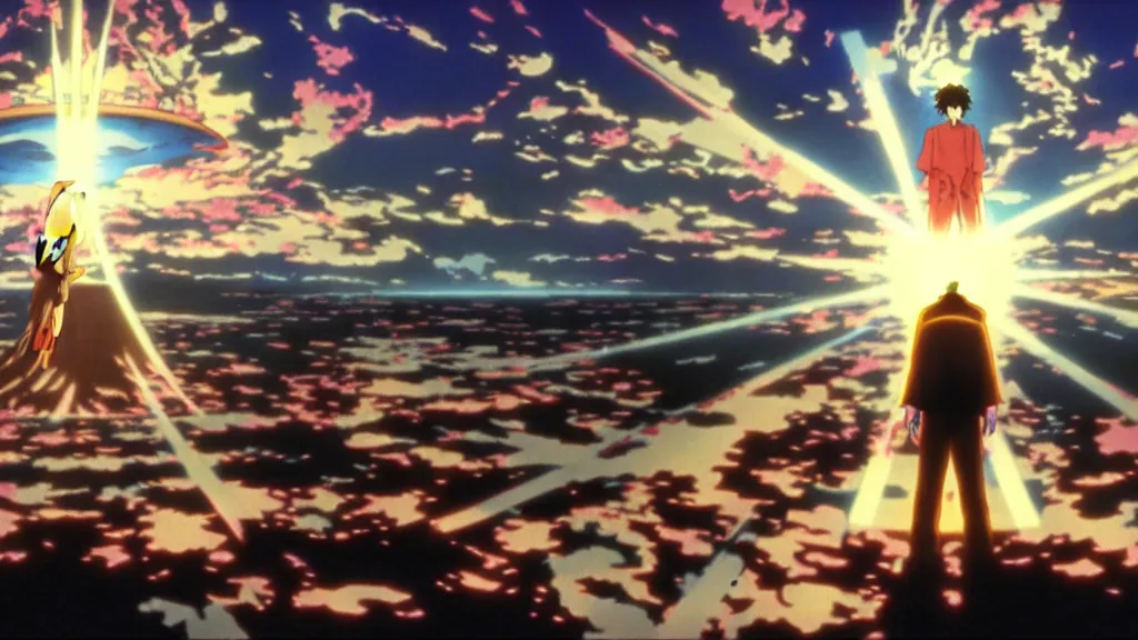 Image similar to god waits in front of volumetric light, anime film still from the an anime directed by katsuhiro otomo with art direction by salvador dali, wide lens