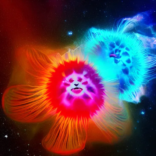 Image similar to swarm of psychedelic lions mane jellyfish swimming through space, colorful, nebula, concept art, universe, cinematic, 8 k