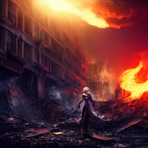 Prompt: hyper realistic, advanced digital art, style of final + fantasy + 1 5, donald trump standing among the rubble of a ruined city at night, gaussian blur, city reflection, 8 8 mm lens, lens flare, fire particle in front, depth of field, close up shot, rim lights wlop