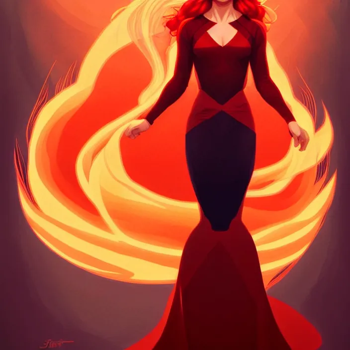 Image similar to style artgerm, joshua middleton, beautiful kristen bell with dark red dress, very long orange hair, symmetrical face, symmetrical eyes, fire powers fire swirling, detailed, volcano setting, cinematic lighting