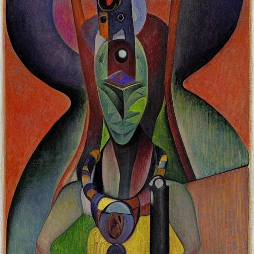 Image similar to portrait of a robot shaman, by annie swynnerton and edward hopper and diego rivera and rufino tamayo and jean delville and evelyn de morgan, art deco shaman, stylized geometric flowers, art brut, outsider art, symbolist, dramatic lighting, god rays, clean crisp graphics, smooth sharp focus, extremely detailed, adolf wolfli