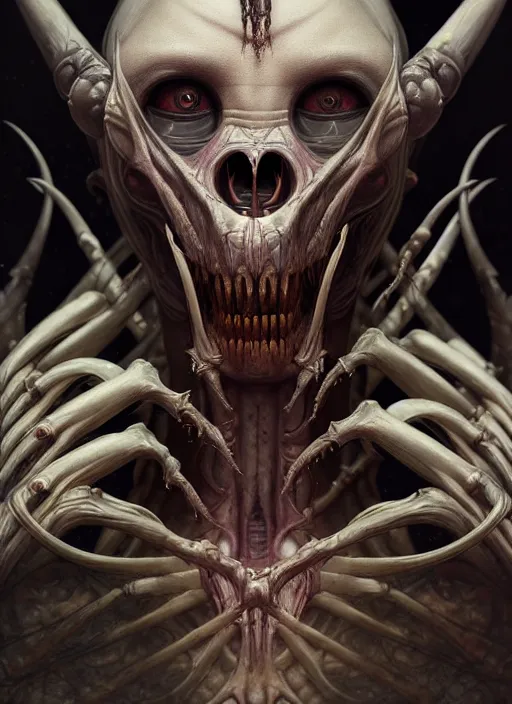 Image similar to ultra realistic, human alien predator hybrid, gothic, fantasy, flesh, bone, body horror, intricate details, eerie, highly detailed, octane render, 8 k, art by artgerm and alphonse mucha and greg rutkowski