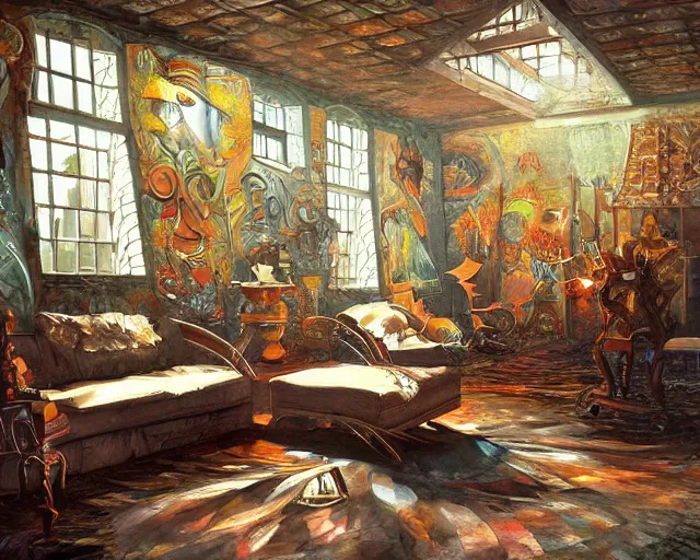 Prompt: a painting of a confusing maximalistic room, an airbrush painting by breyten breytenbach, striking lighting, cgsociety!, neo - primitivism