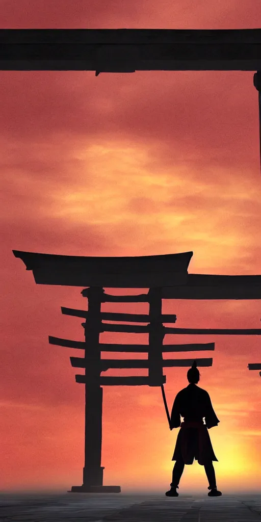 Image similar to Armed samurai standing under an enormous torii gate with the very very red rising sunrise ,hyper-realistic, your name sky, evening, octane rendering , inspired by Katsuhiro Otomo, pixelactivist