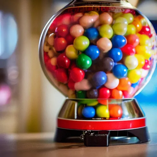 Prompt: a gumball machine, 2 4 mm lens, depth of field, 8 k, hd,