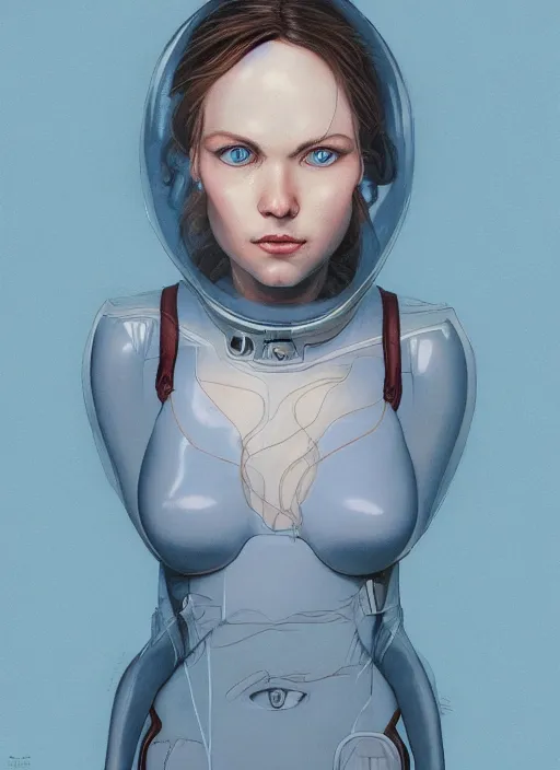 Image similar to a close up on the face of a beautiful woman in a future space suit; highly detailed; pretty blue eyes; pupils; artwork by james jean and Phil noto