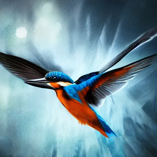 Image similar to kingfisher bird looking majestic, hyperrealistic photograph, dim volumetric lighting, extremely hyper detailed, intricate, epic composition, cinematic lighting, masterpiece, trending on artstation, stunning, hdr, smooth, sharp focus, high resolution, award, winning photo, dslr, 5 0 mm