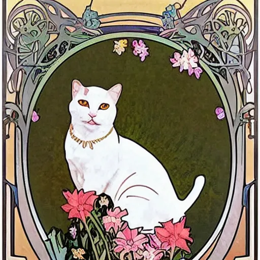 Image similar to bust of white short haired cat, surrounded by flowers, Alphonse mucha, art nouveau, poster art, beautiful art nouveau advertisement
