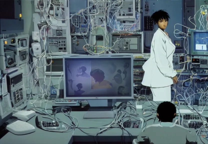 Image similar to dark skin woman wearing a white lab coat with a blue haircut, body connected to wires and surrounded by 1 9 8 0 s computers, in the style of serial experiments lain and gainax evangelion 1 9 9 5, dynamic lighting, dark ambience, one light source, 3 5 mm, cell - shaded, detailed face