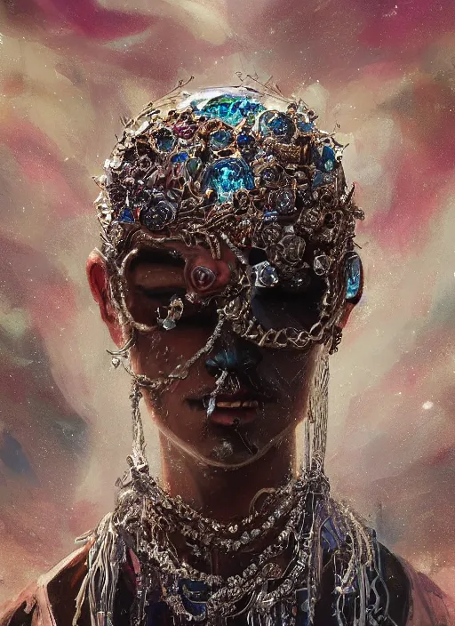 Image similar to A fancy portrait of a crystal skull covered in jewelry by Greg Rutkowski, Sung Choi, Mitchell Mohrhauser, Maciej Kuciara, Johnson Ting, Maxim Verehin, Peter Konig, Bloodborne, 8k photorealistic, cinematic lighting, HD, high details, dramatic, atmospheric , trending on artstation