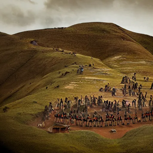 Prompt: a wide angle photograph of a tribe on a hill, by jimmy nelson