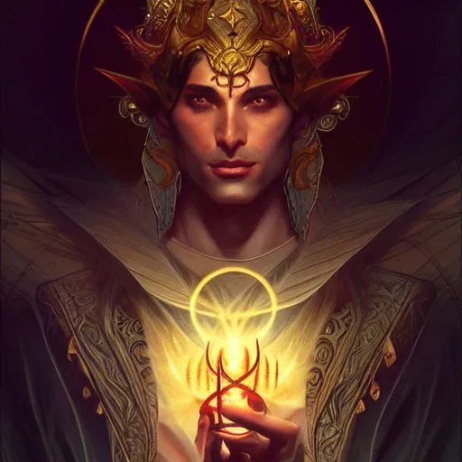 Prompt: attractive male deity, casting dark magic, summoning handsome lucifer morningstar, fantasy, intricate, elegant, highly detailed, digital painting, artstation, concept art, matte, sharp focus, illustration, art by artgerm and greg rutkowski and alphonse mucha