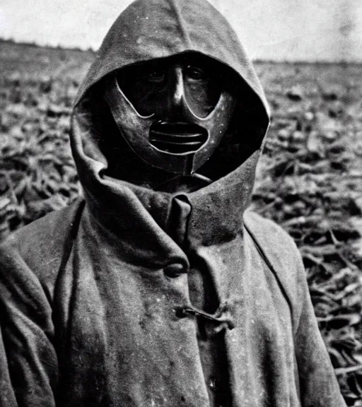 Image similar to a man at wearing iron full face hooded mask in distance, ww1 film photo, grainy, high detail, high resolution