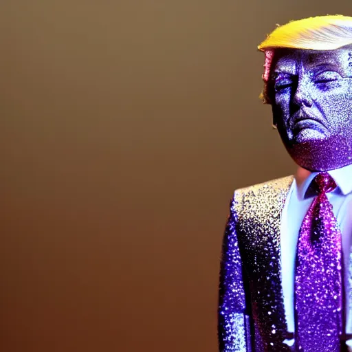 Image similar to Donald Trump with silver-violet hair, white eyes and golden glittery dress, wide lens, diorama, 4k,