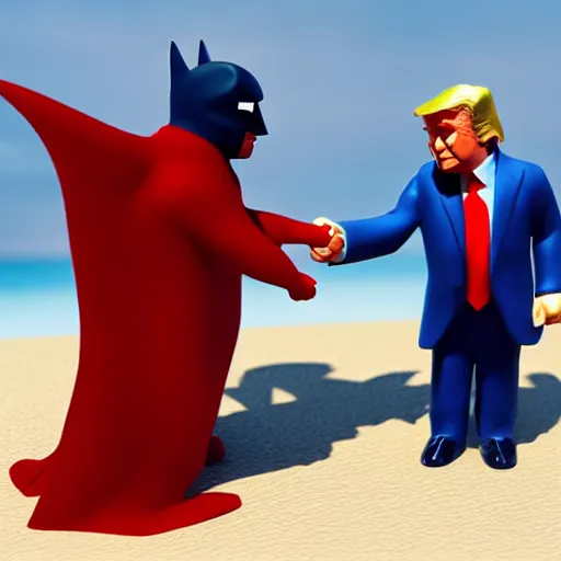 Prompt: 3 d render of batman and donald trump shaking hands on a sunny beach, 8 k, very intricate, very detailed,