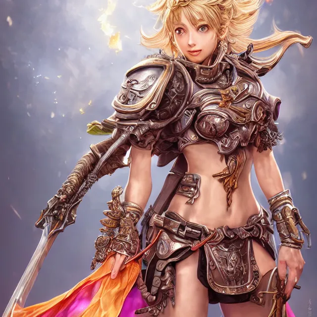 Image similar to studio portrait of lawful good colorful female holy shield paladin as absurdly beautiful, elegant, young sensual gravure idol, ultrafine hyperrealistic detailed face illustration by kim jung gi, irakli nadar, intricate linework, sharp focus, bright colors, matte, octopath traveler, final fantasy, unreal engine highly rendered, global illumination, radiant light, intricate environment