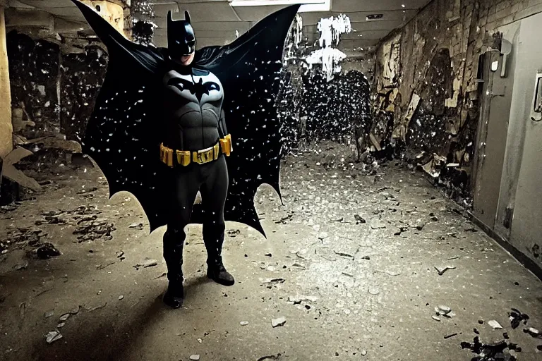 Image similar to batman covered in beer, chasing through old brown decrepit hallway, creepy smile, atmospheric eerie lighting, photorealistic face, dim lighting, bodycam footage, motion blur, photography