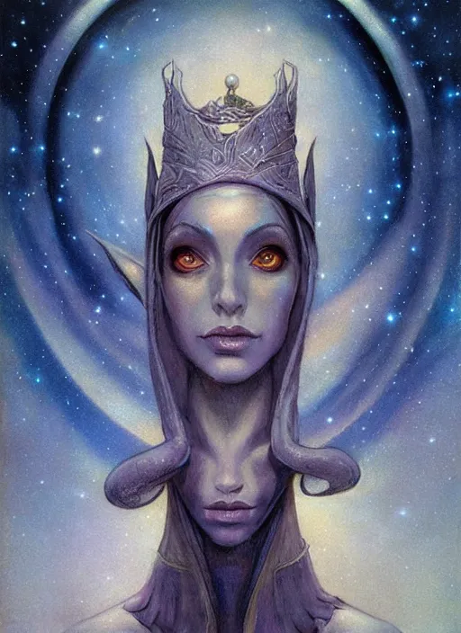 Image similar to portrait of female elf space queen, night sky background, beautiful! coherent! by brom, by brian froud, deep color, strong line, high contrast