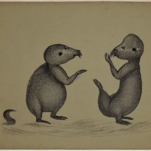 Prompt: 1800s field-journal style line art of two muskrats slow-dancing, very detailed