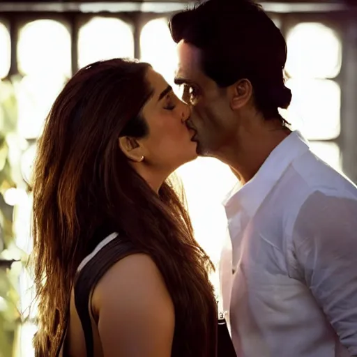 Prompt: closeup of kareena kapoor and arjun rampal kissing, natural lighting, hyper detailed, 1 0 0 mm, photographic, cinematic lighting, studio quality.