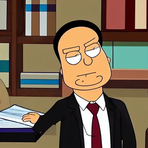 Prompt: Glenn Quagmire (family guy) dressed in a suit and tie in a lawyer's office holding a briefcase.