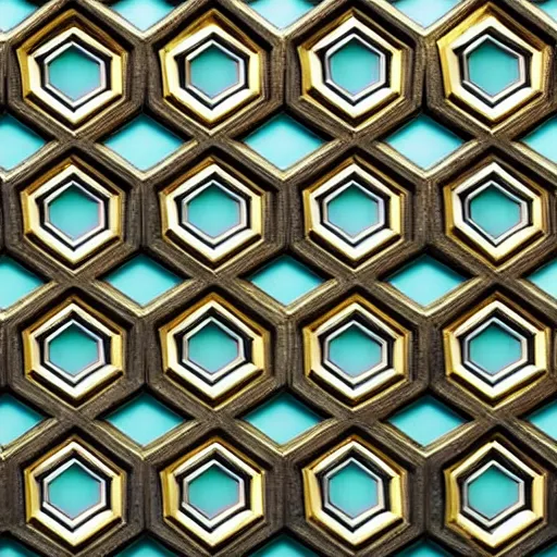 Image similar to three dimensional multilayered patterns inside a hexagonal shape, intricate detail, complex, jade, gold, silver, obsidian, ornate,