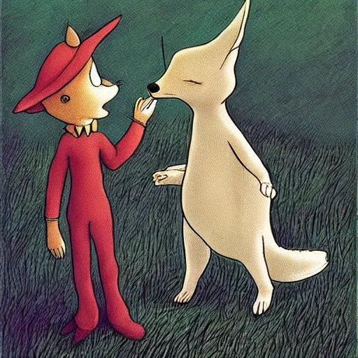 Prompt: the little prince talking to the fox, tim burton art