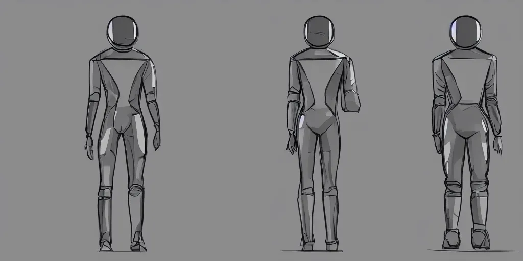 Image similar to male, elongated figure, space suit, minimalist sketch, large shoulders, short torso, long thin legs, tiny feet, character sheet, very stylized, concept design