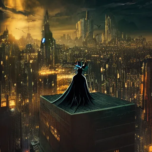 Prompt: Batman crouching on a rooftop with his back to us overlooking a dystopian cityscape at night, cyberpunk, highly detailed, 4k
