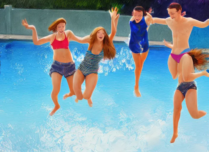 Image similar to photorealistic painting of a group of teens in the moment of jumping into a pool, digital art, subtle painting, subtle hues, some edges lost