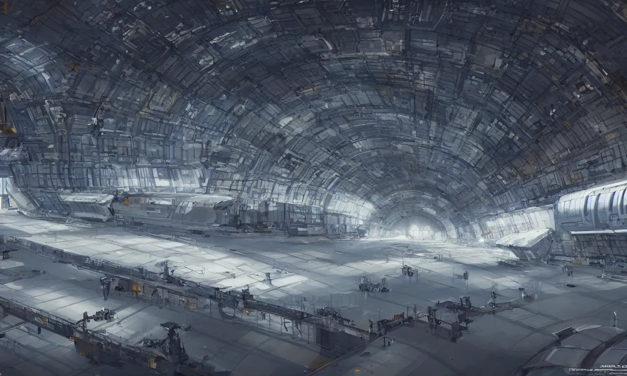 Image similar to A room inside a large hangar of the space station by Jose Daniel Cabrera Pena and Leonid Kozienko, concept art